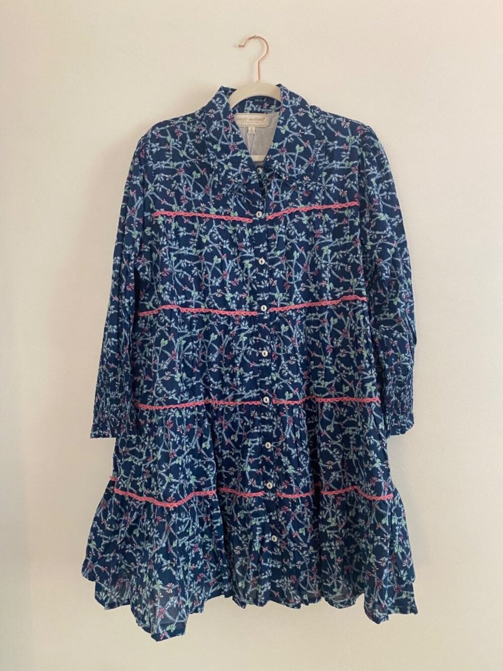 New! Simply Southern Blue Floral Swing Dress With Pink Trim Size L